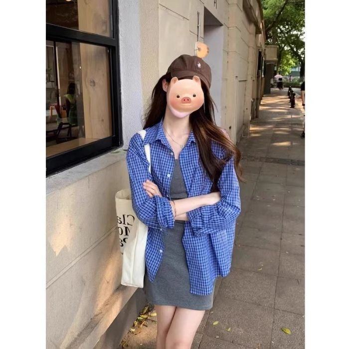 春 リラックス風 青 チェック シャツ レディース 長袖 アウター カジュアル ゆったり 重ね着 トップス シャツ アウター114