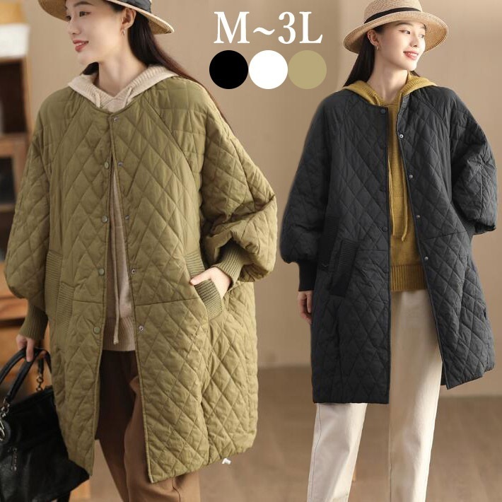 コート　キルティング 中綿コート ダウンコート　アウター 羽織　ジャケット　レディース ロング　オーバーサイズ ゆったり　大きいサイズ 丸首 防寒 冬　M L　2L 3L