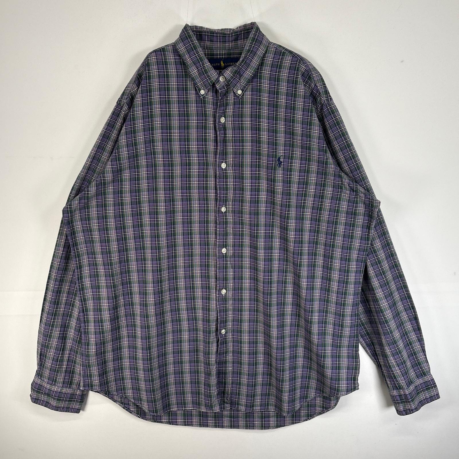 古着 長袖シャツ ロゴ 刺繍 チェック ボタンダウン XL パープル系 マルチカラー メンズ