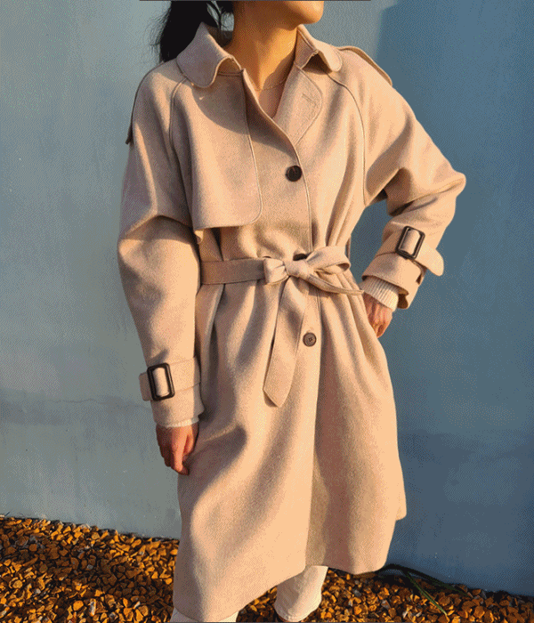 毛織 人生 フィット トレンチ ケープ ダブル ブレスト ベルト ルーズフィット ロング コート