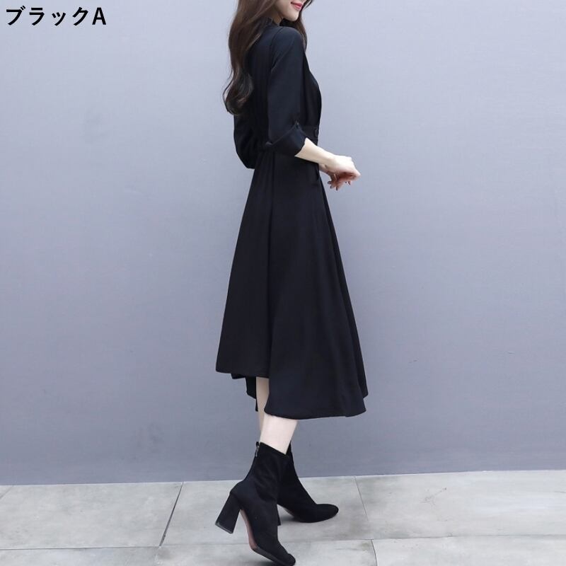 ワンピース ロング丈 袖あり 7分袖 Vネック 襟付き スリム Aライン ウエストリボン かわいい 大人可愛い きれいめ シンプル カジュアル 大人 上品 おしゃれ かっこいい ca-0564