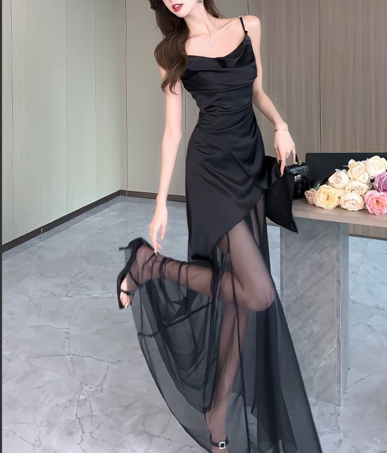 ドレス ワンピース パーティードレス ロングドレス 舞台ドレス キャバドレス ブラックドレス ワンピースドレス セクシードレス ロング マキシ丈 Aライン ドッキング 透け感 シャーリング きれいめ