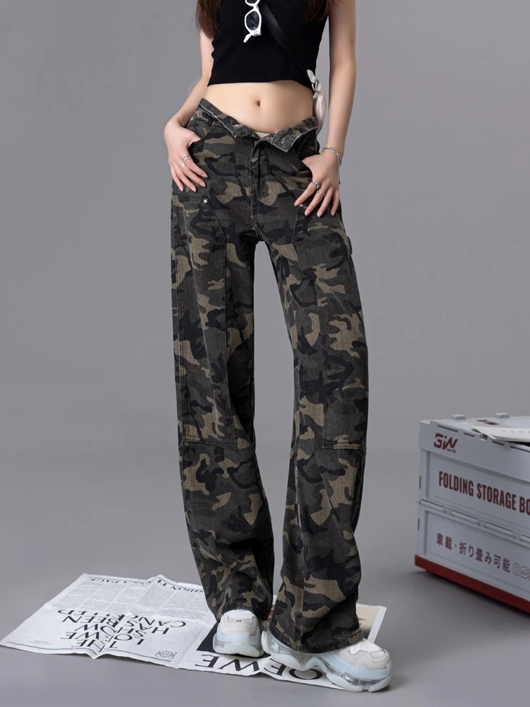 迷彩柄カジュアルジーンズレディース春ワークパンツストレートミlリタリーグリーンデザインハイストリートワイドパンツインスタイド
