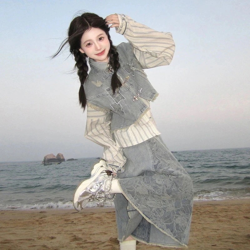 老け感・ウエスタン風・レトロ風・シャツ・ベスト・スカート・塩風スリーピース用スーツ13111458