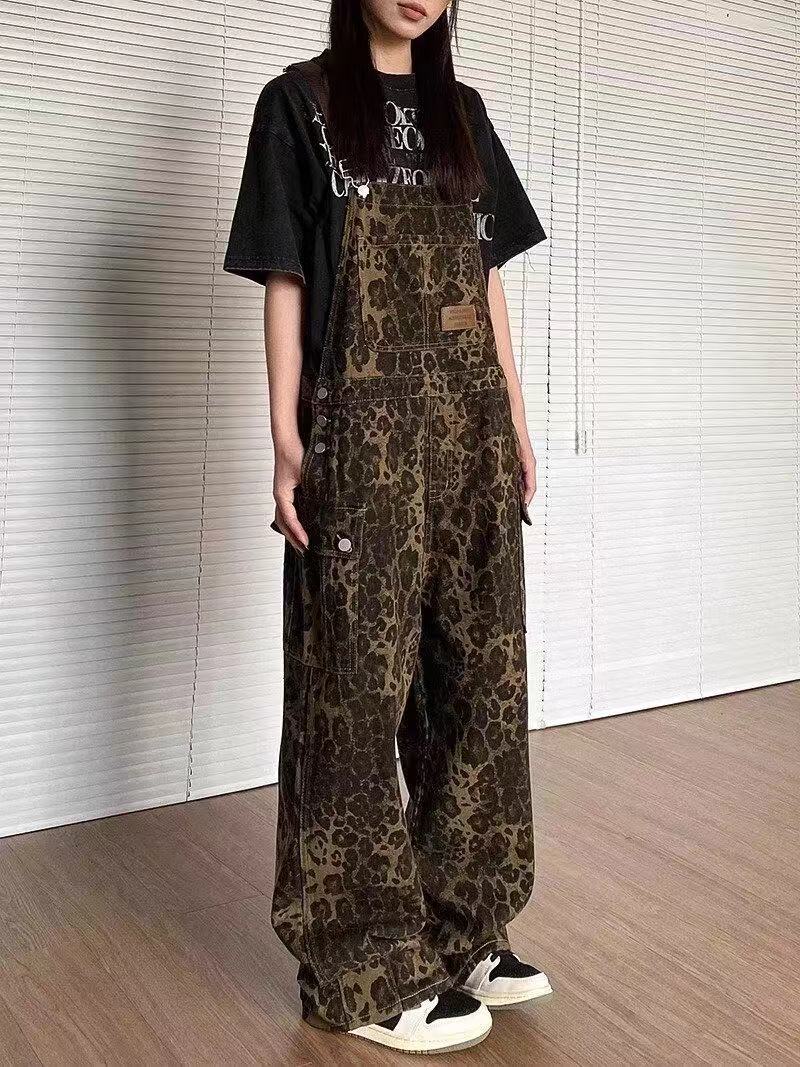 ズボン レオパード 韓国ファッション ワイドパンツ ゆったり パンツ ヒョウ柄 ロングパンツ オーバーオール レディース サロペット オールインワン