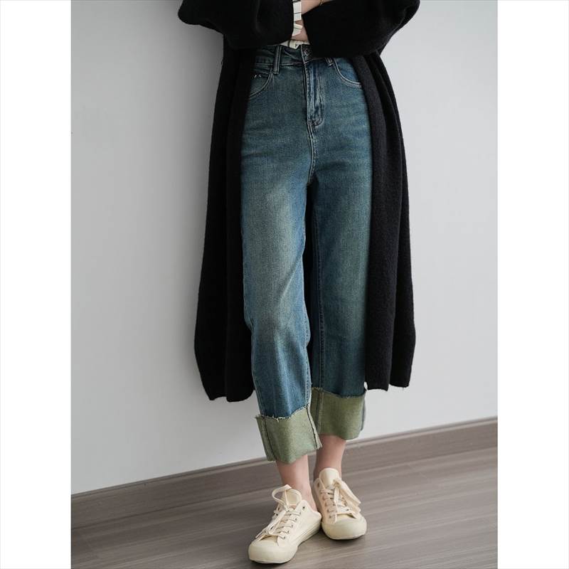 ボトムス レディース デニムパンツ ジーンズ ジーパン Gパン ワイドパンツ ポケット ストレート ハイウエスト ロールアップ アンクル丈 ダメージ加工 ユーズド風 大人可愛い シンプル カジュアル