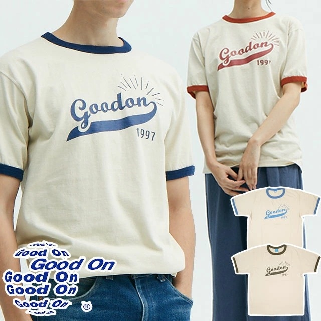 グッドオン Tシャツ メンズ スクリプトロゴショートスリーブリンガーＴシャツ 半袖 レディース トップス 綿100％ 服 クルーネック OLSR1271P オレンジ ネイビー ブルー オリーブ 丸首