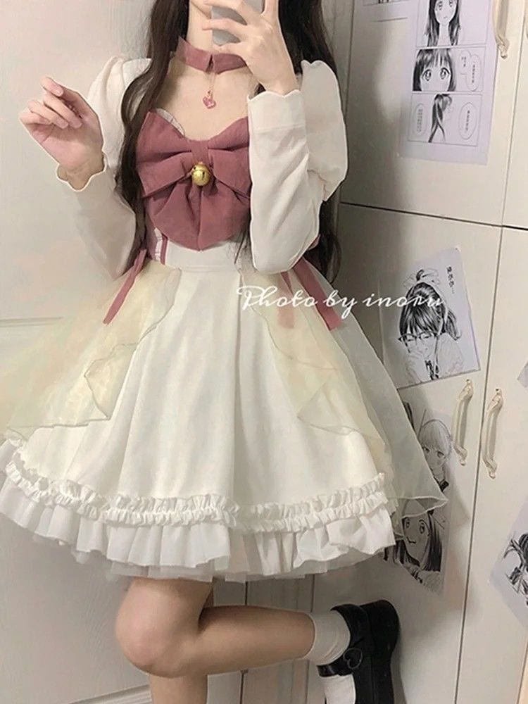 ロリータコスプレ脚魅せミニスカート春夏作蝶結びティーブレイクドレスバブル袖ワンピース愛されドッキングワンピース
