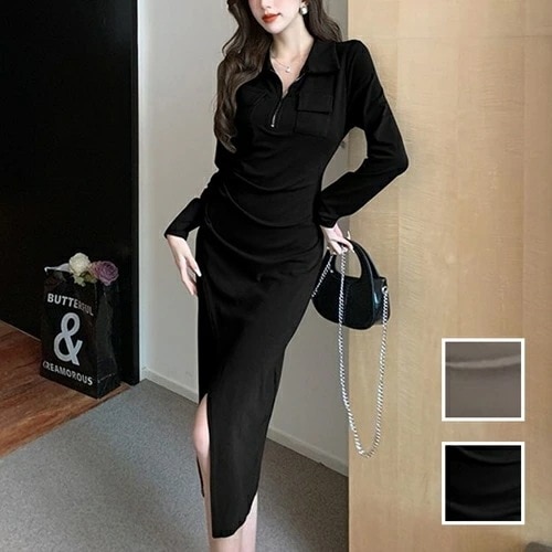 ワンピース カジュアル ロング マキシ丈ワンピ 韓国 ファッション レディース 春 秋 冬 カジュアル コーデ シンプル 定番 セレカジ 20代 30代 40代 2025 ラップ風 スリット ド