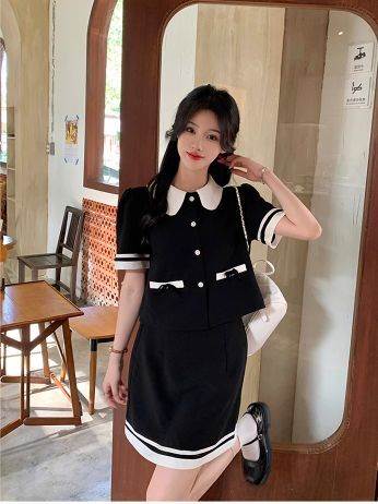 割引セットアップ レディース 2点セット 上下セット スーツ 半袖ジャケット 襟付き ボタン ポケット パフスリーブ 台形ミニスカート ショート丈 大人可愛い きれいめ 上品 おしゃれ お洒落 キュー