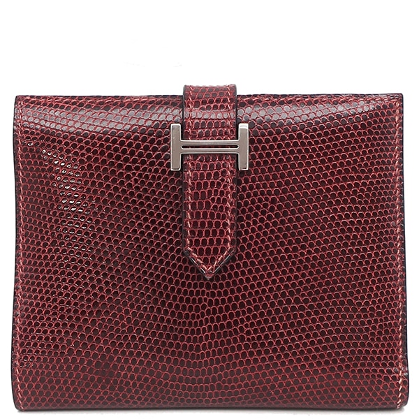 エルメス 二つ折り財布 ベアンコンパクト リザード ルージュアッシュ シルバー金具 赤 H刻印【中古】