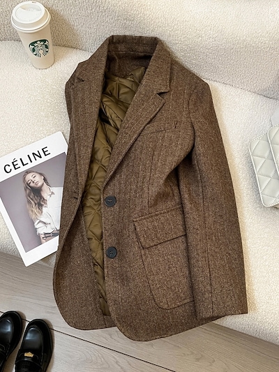 2025冬作ブラウンのレトロなブレザー女性インナー綿のインロン風韓ゆーったり厚いスーツです