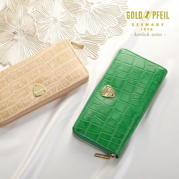 長財布 レディース ラウンドファスナー 財布 レザー クロコ 型押し カード収納 20枚 牛革 本革 多機能 大容量 小銭入れ GOLD PFEIL ブランド ロングウォレット 母の日 ギフト プレゼ