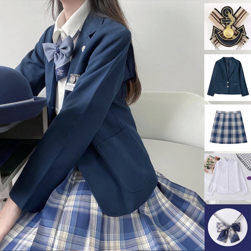 5点セット(ブルーブレザー+スカート+リボン+ブラウス+バッチ) 入学式定番ブレザー制服スクールジャケットイベントチェックスカート就職活動面接アウターコート 卒業式