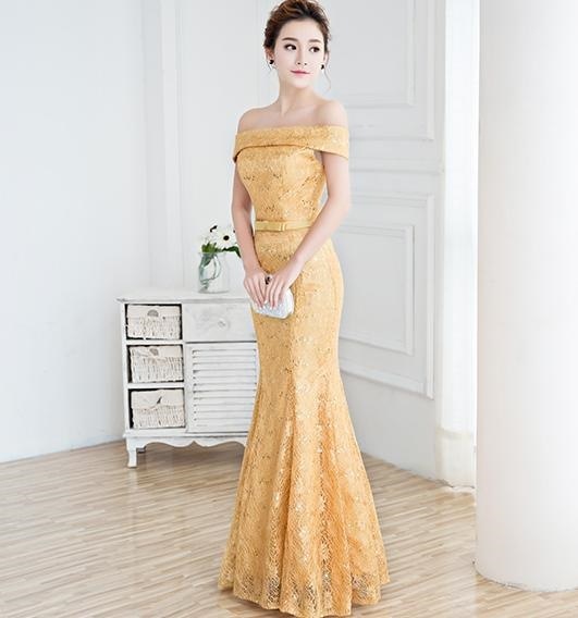 1484. オフショルダーマーメイドドレス(ゴールド)結婚式 イブニングドレス オフショルダー 演奏会 ウェディングドレス パーティドレス お呼ばれ 大きいサイズ 2019 春夏 sale 100,000円