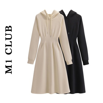 フード付き パーカー ワンピース 膝下 長袖 ストレート スマート ウエストマーク フード付き 伸縮性 プルオーバー 厚手 大人可愛い きれいめ シンプル カジュアル 大人 おしゃれ 大人女子