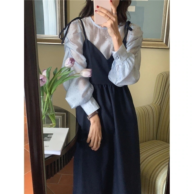 気質パーティー2025春秋長袖ワンピースオリジナルデザインシャツワンピース切り替えフェイクレイヤードゆったり気質水玉模様百掛けフレンチウエスト引き締め着やせ