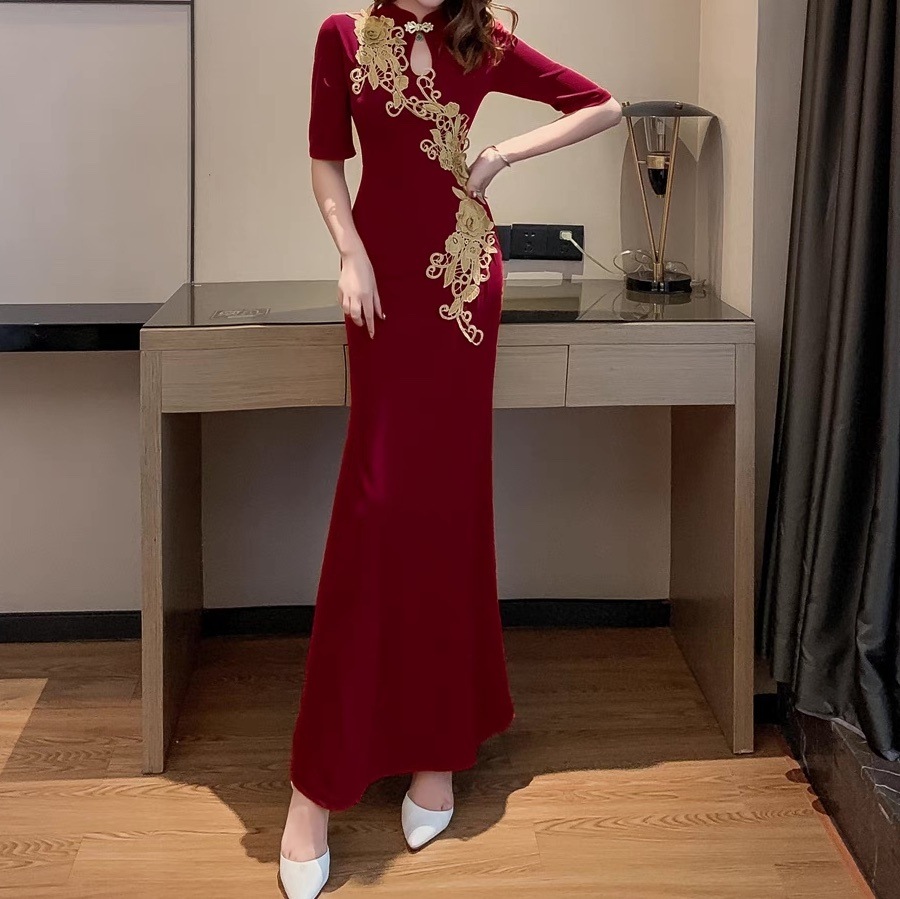 ドレス パーティー ステージ 舞台 衣装 マキシ 5分袖 スタンドカラー スレンダー タイト スリム チャイナドレス 刺繍 サイドスリット アシンメトリー 可愛い きれいめ 大人可愛い