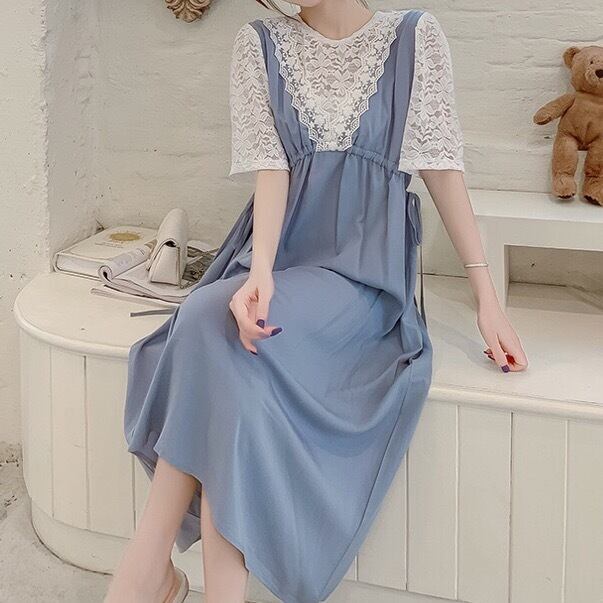 【送料無料】マタニティ ワンピース レースステッチ ウエストリボン ロング マキシ 半袖