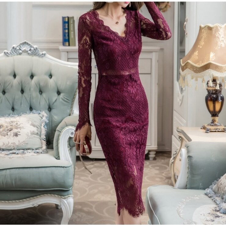 レディース 美スタイル 愛されコーデ ワンピース 膝下 袖あり Vネック スリム 細身 ストレート長袖 Vネック タイト お洒落 食事会 大人カッコイイ レース 透け感 フェミニン セクシー 綺麗