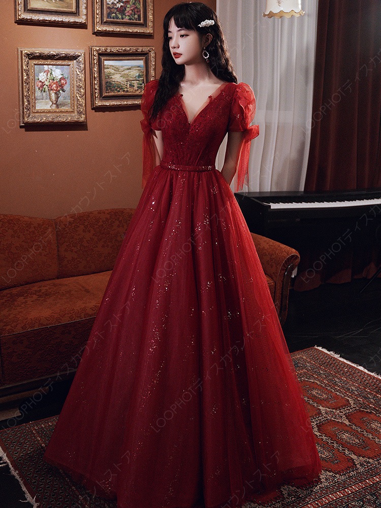 ウエディングドレス 敬酒服花嫁ワインレッドイブニングドレス宴会ドレスウェディングドレス婚約ドレスドレスドレス敬酒服-27
