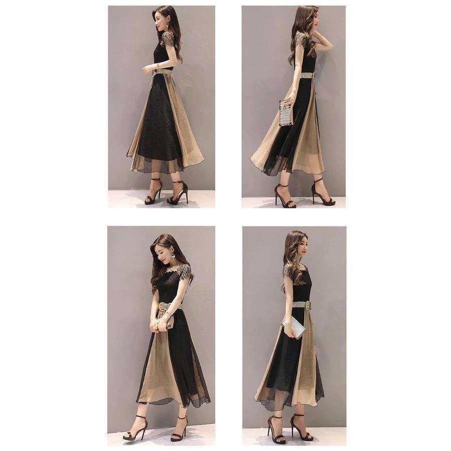 ワンピース レディース きれいめ マキシワンピース シフォン ロング丈 夏 半袖 パーティードレス