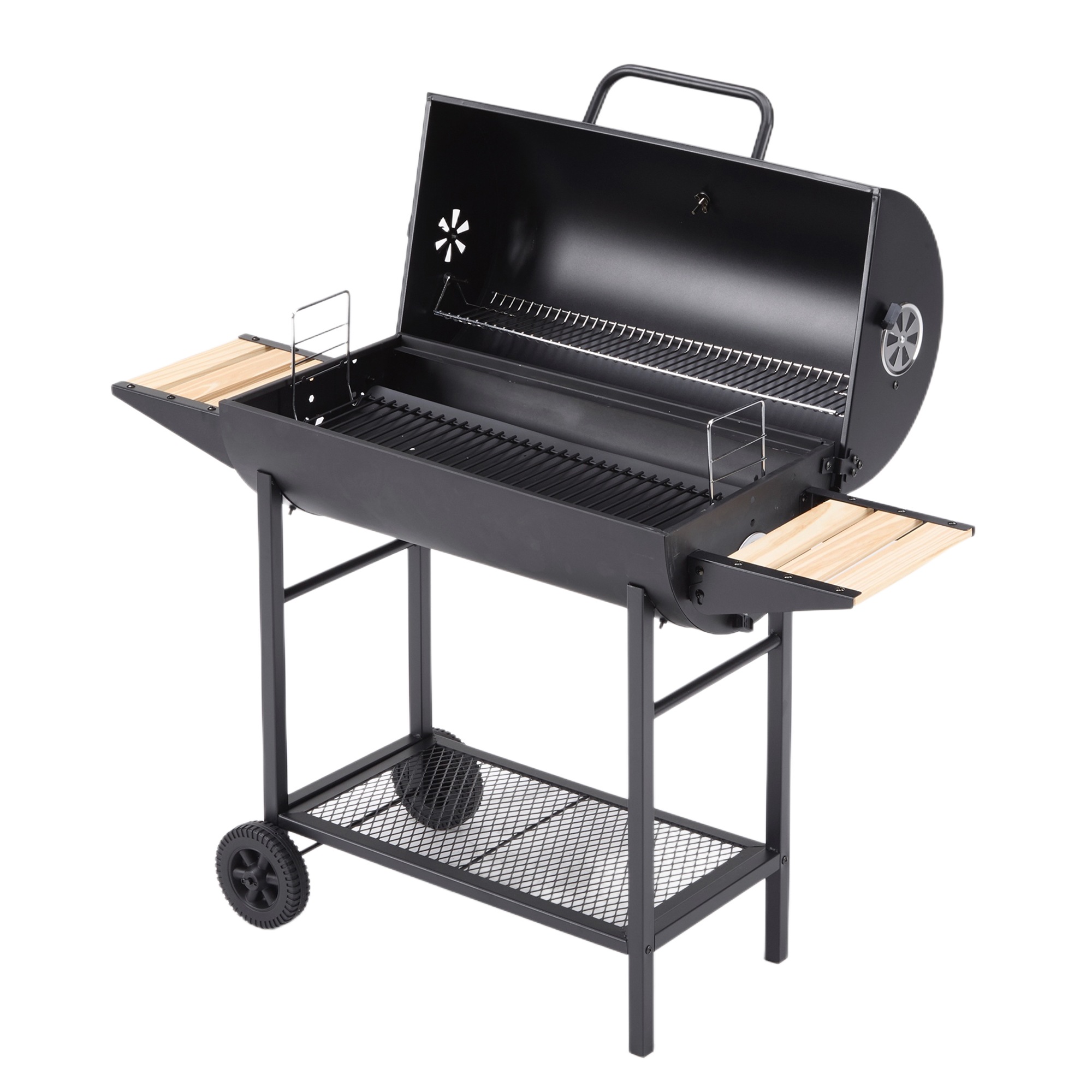 658バーベキューコンロ BBQコンロ 焼き網 温度計 通気口 バレル蓋 サイドテーブル キャスター付き 棚板 タイヤ追加 移動楽々 バーベキュー BBQ アウトドア 屋外用 庭 キャンプ用