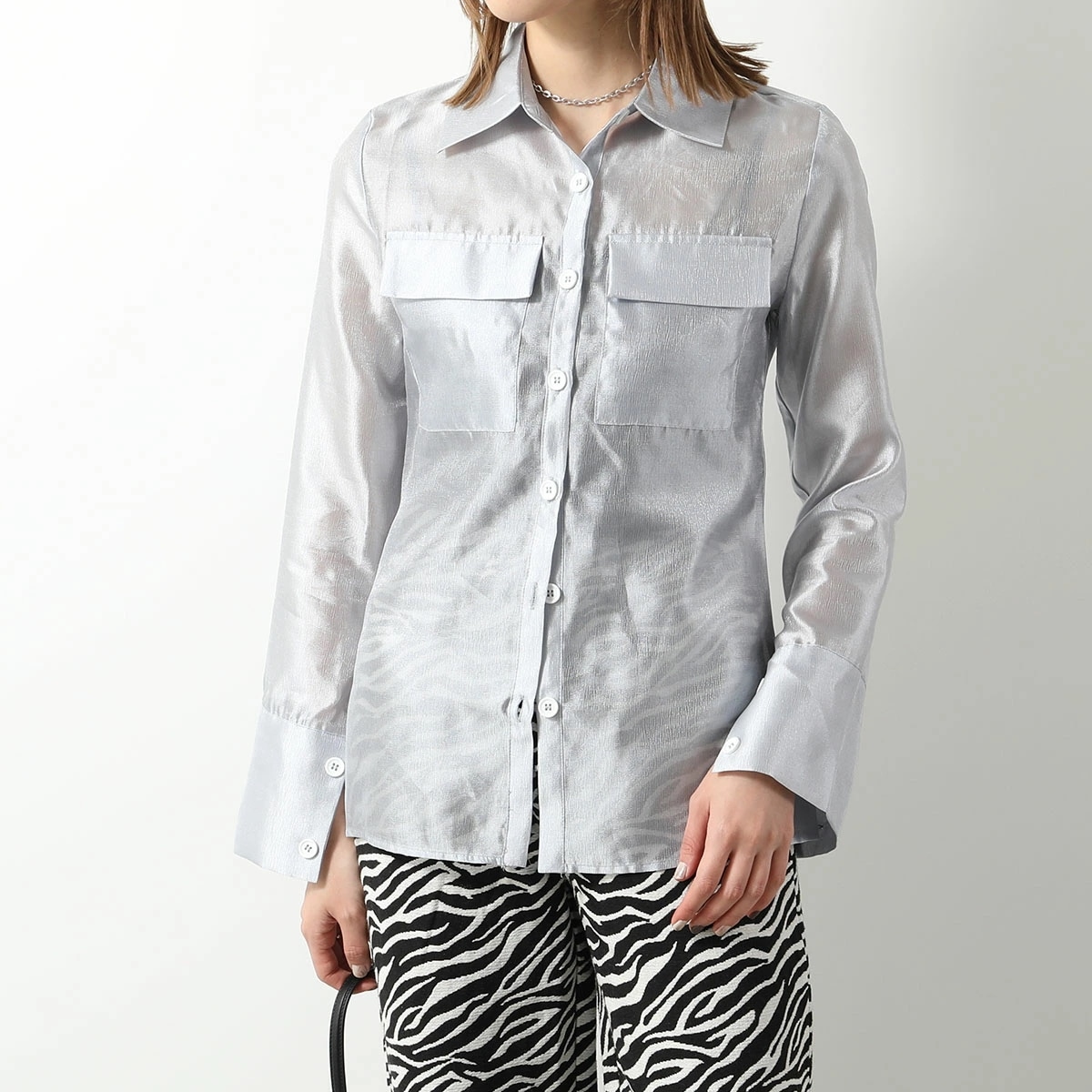 GHOSPELL ゴスペル シャツ Regan Sheer Shirt レディース シアー ブラウス 長袖 胸ポケット Silver