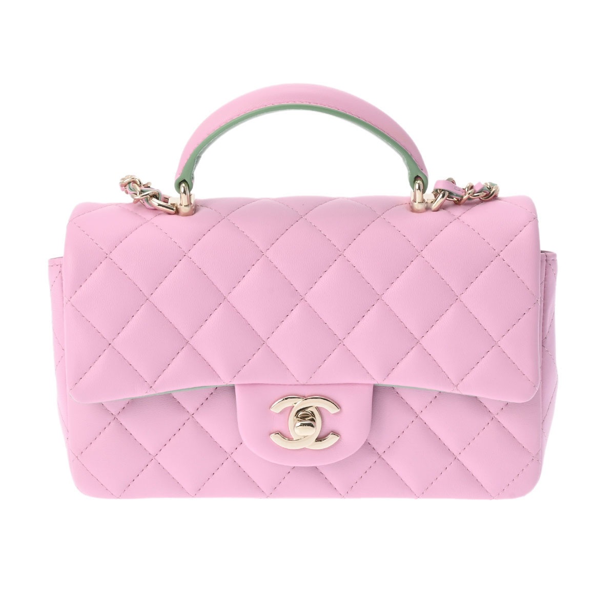 トップハンドル ミニチェーンショルダー 2WAY ライラック/ライトグリーン AS2431 レディース ラムスキン 2WAYバッグ 新同 中古 銀蔵