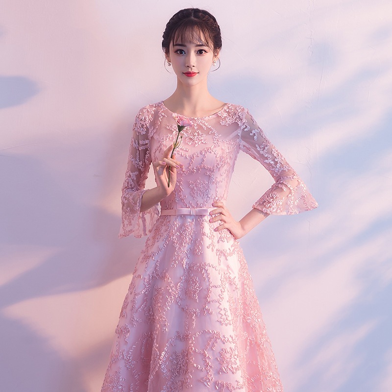 宴会用ドレス ピンクのミニイブニングドレス パーティードレス 結婚式 女性用新作 誕生日パーティー用 発表会ドレス スリムフィット ミディ丈ワンピース