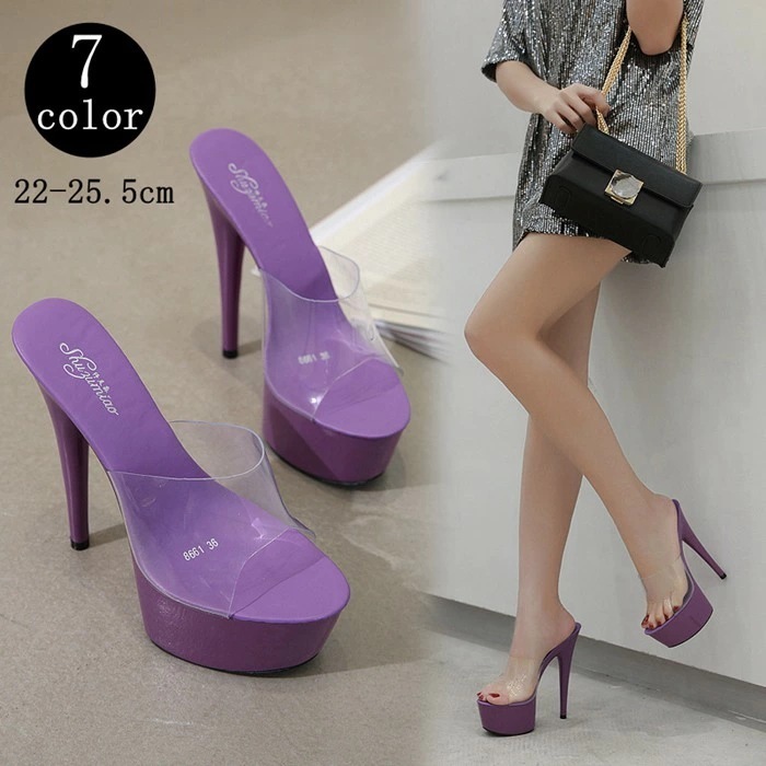 【即納】厚底サンダル ハイヒール ヒール高15cm 紫 カラフルヒール ピンヒール 大きいサイズハイヒール サンダル ミュール 黒/クリア ブラック 透明 厚底 スケルトン 大きい サイズ 22-25