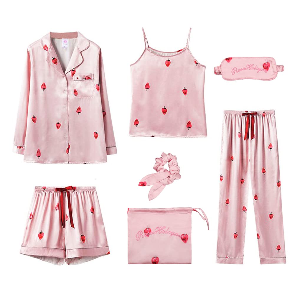[Rose Halcyon] パジャマ レディース ルームウェア 寝巻き 部屋着 サテン 7点セット イチゴパジャマ 可愛い 長袖 パンツ キャミソール 秋 春 夏(SY12PK-XXL) …