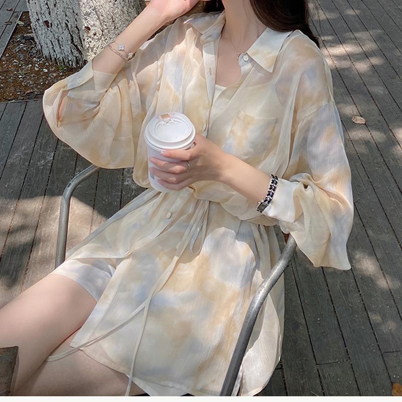 日本未発売 絞り染めのシャツ日焼け止めの服女性のデザインセンスシフォンワイドレッグパンツスーツ夏のワイド 有名ブランド