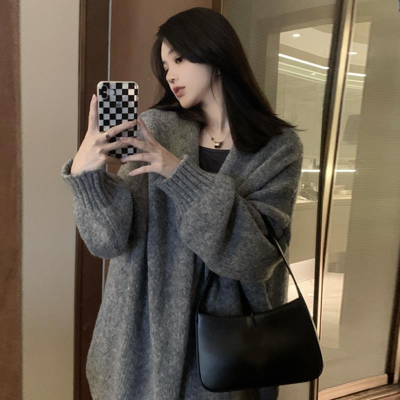 ニットコート カーディガン アウター グレー 灰色 ミディアム丈 袖あり 長袖 大人女子 大人