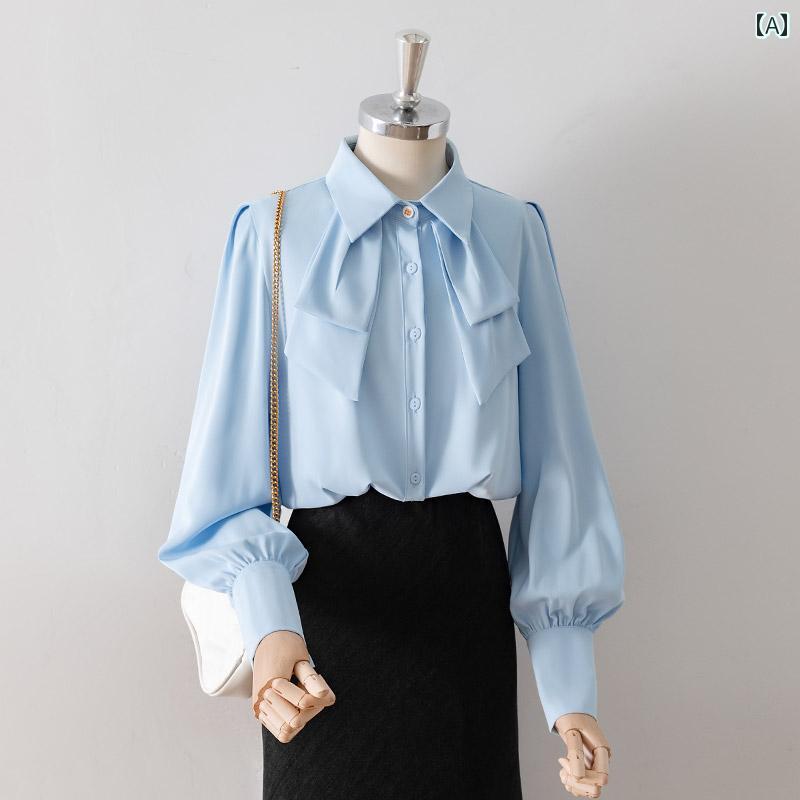レディース トップス ブラウス 通勤 オフィス 普段使い フランス 女性用 ブルー 長袖 シャツ 春秋 ハイエンド 上品 フェミニン リラックスフィット パフスリーブシャツ