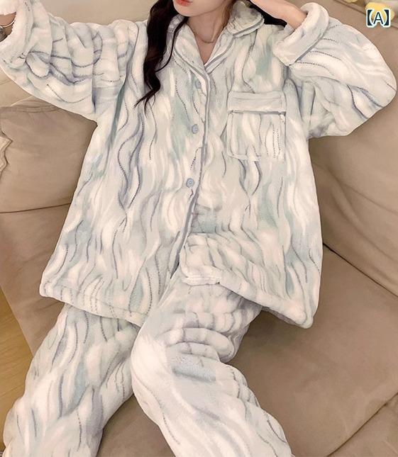 ルームウェア レディース パジャマ 部屋着 ガーリー 秋冬 長袖 暖かい ブルー