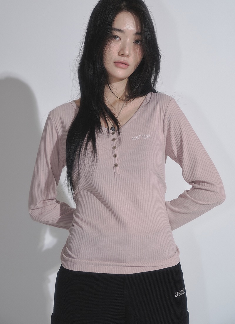 【AS"ON】 WISH RIBBED BUTTON TEE / PINK 正規品