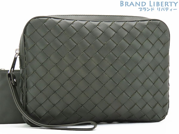 超美品ボッテガヴェネタイントレチャートドキュメントケースクラッチバッグポーチ付きキャンピングダークグリーン649916