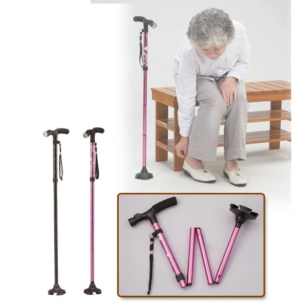 折りたたみ杖 LEDライト付4点つえ 自立式 おしゃれステッキ (SGマーク認定商品) Se-50091/Se-50138