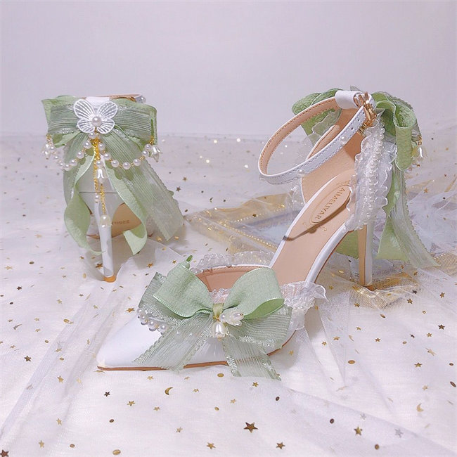 グリーン　レース ストラップパンプス　ハイヒール　ピンヒール　パンプス ストラップ　ポインテッドトゥパンプス　レース花　ヒール5/7/9cm　 レディース サンダル　靴 美脚 結婚式　ウエディングシュ