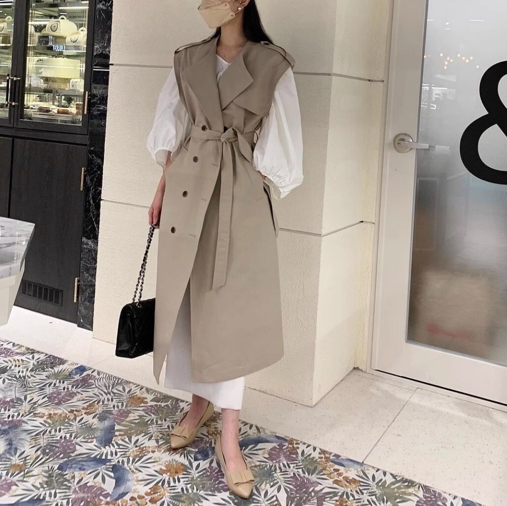 スリーブレスジャケット ランタンスリーブ レディース コート ワンピース セットアップ トレンチ ミディアム ミモレ ロング ボリューム袖 Vネック ストレート Iライン フェミニン ウエストマーク 7,474円