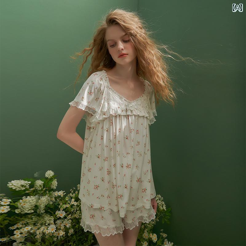 パジャマ レディース 子花柄 半袖レース フリル シフォン ショートパンツ ２点セット ルーム ナイト ホームウェア ガーリー かわいい