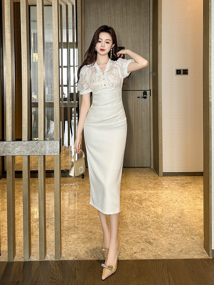 【JY.上品】 2025夏新品 女王風 レースドッキング vネック ワンピース ドレス パーティー キャバ 大人 同窓会 披露宴 卒業式 結婚式 演奏会 ウェディング 二次会 メガ割