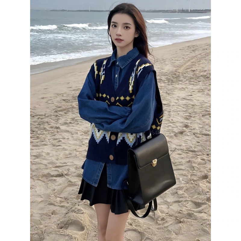 ハイエンドのカスタマイズ-春秋用スリーピーススーツ新作レトロニットカーディガンセーターレイヤードベストジャケットデニムシャツプリーツスカート