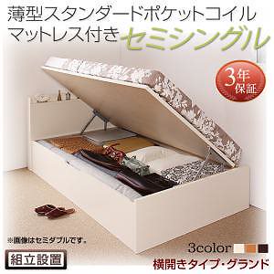 [組立設置料込み]国産 跳ね上げ収納ベッド [Freeda]フリーダ [薄型スタンダードポケットコイルマットレス付き] 横開き セミシングル 深さグランド [フレーム色]ダークブラウン