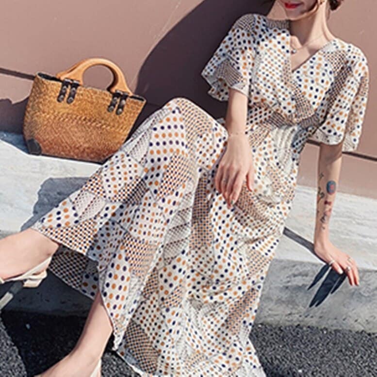 2color ランダムドットシフォンワンピース ドットシフォンロングワンピース dress