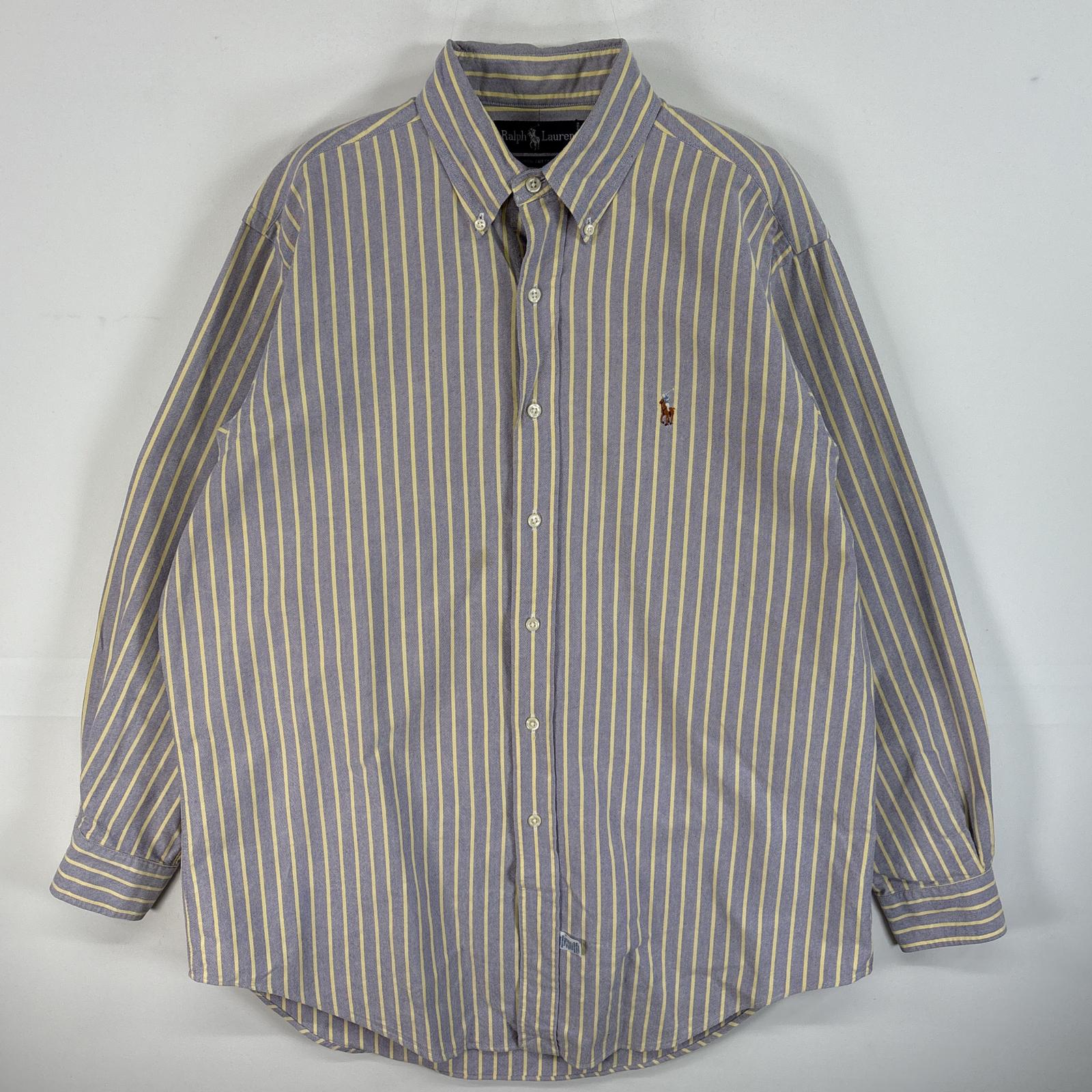 古着 90s/90年代 長袖シャツ ストライプ ロゴ 刺繍 ボタンダウンシャツ 16 L パープル系 マルチカラー メンズ