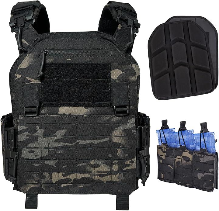 タクティカルベスト サバゲー用 3連 マガジンポーチ付き 軽量 プレートキャリア レーザー切断 サバイバルベスト MOLLE モール 戦術 クイックリリース バックル 迷彩黒( 迷彩黒)
