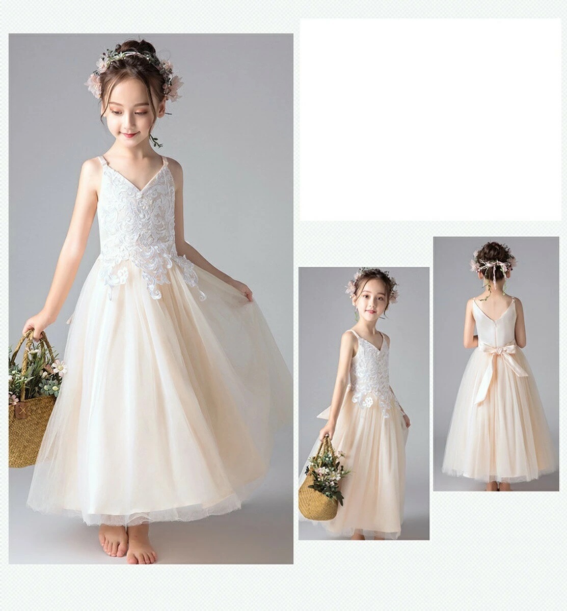 【大好評！最安値挑戦!】ドレス 女子 フォーマルドレス キャミソールドレス ベージュ ロングドレス Vネック フラワーリーフ 刺繍 華奢 大人っぽい アイボリー チュール ノースリーブドレス 子供服
