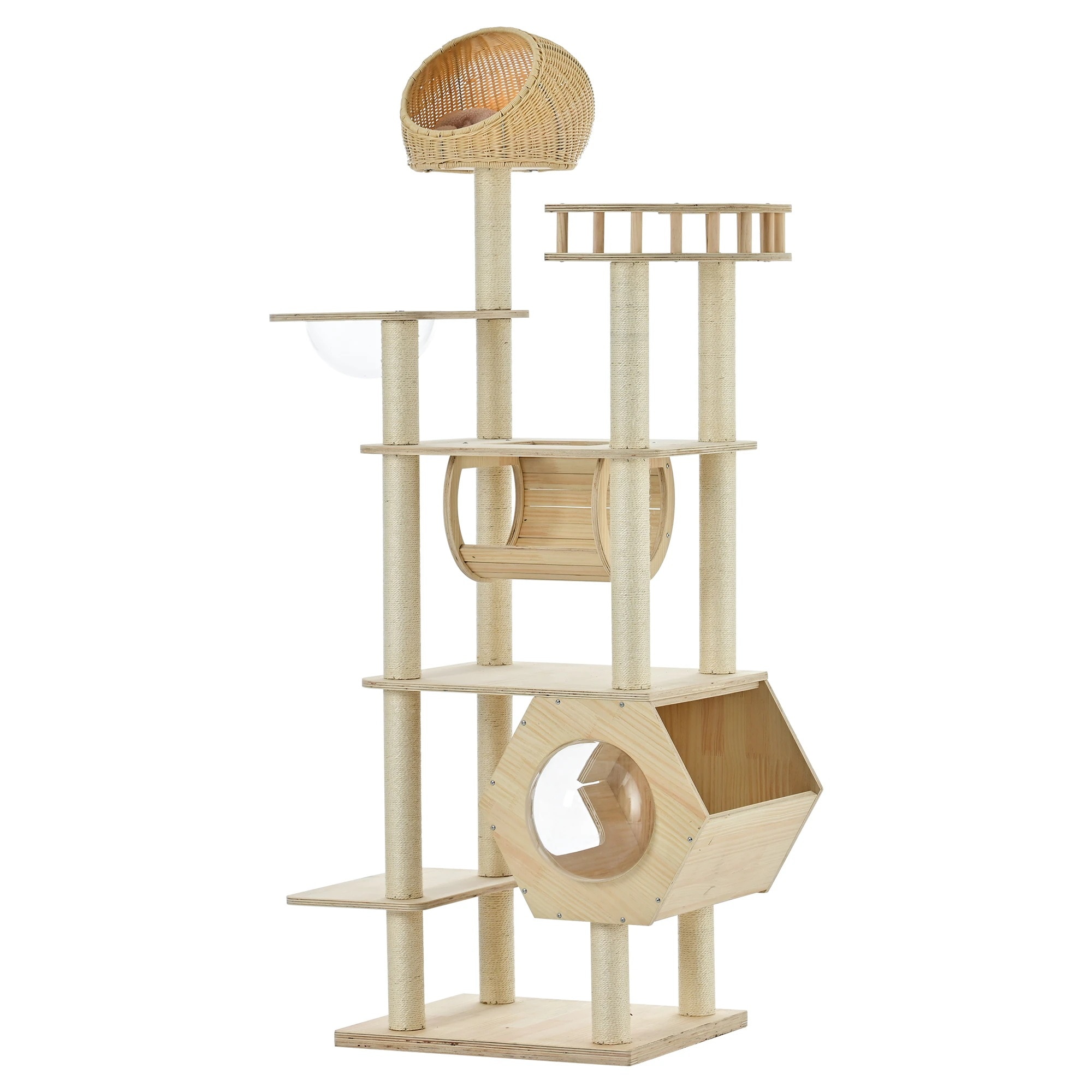 1524【TX308343AAA】キャットタワー 猫タワー ネコタワー 多頭飼い 高さ183cm 宇宙船 隠れ家 爪とぎポール トンネル付き 据え置き型 ネコ タワー 組立簡単 おしゃれ タワー 天然